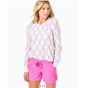 Lilly Pulitzer Jansen Eyelet Sweatshirt Prosecco Pink Oversized Diamond Knit Xs